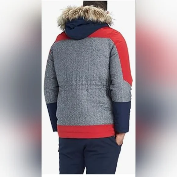 TOMMY HILFIGER Wool Herringbone Silk 65% DOWN PARKA Jacket Men M Hooded Fur